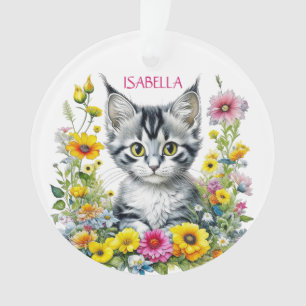 Whimsical Cat and Flowers Personalised Christmas Ornament