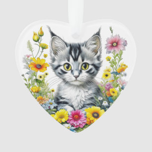 Whimsical Cat and Flowers Personalised Christmas Ornament