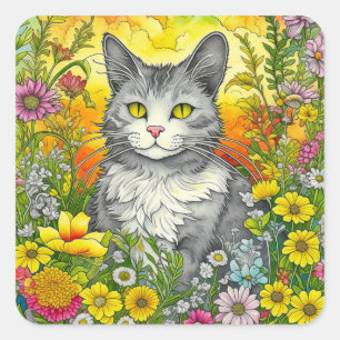 Whimsical Cat and Flowers Square Sticker
