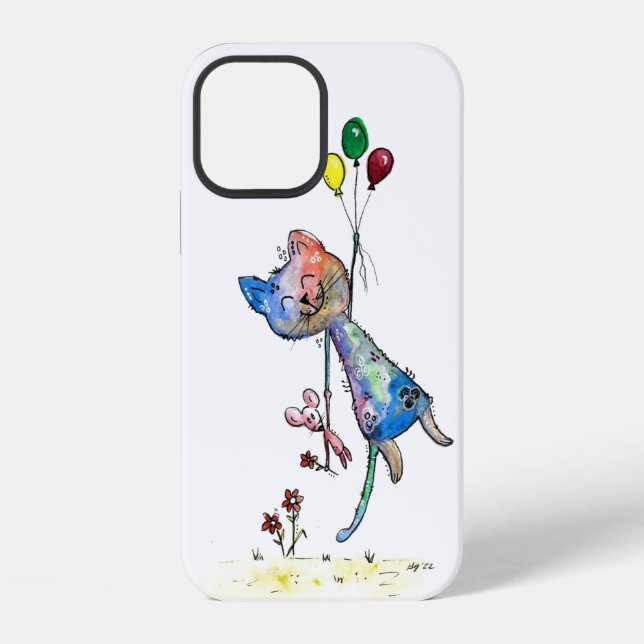 Whimsical Cat and Mouse with Balloons iPhone Case (Back)