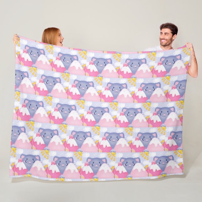 Whimsical Cat and Winter Mountains With A Cute Sun Fleece Blanket (In Situ)