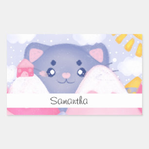 Whimsical Cat and Winter Mountains With A Cute Sun Rectangular Sticker