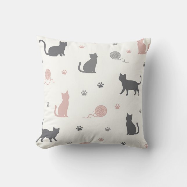 Whimsical Cat and Yarn Silhouette Pattern Cushion (Front)