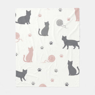 Whimsical Cat and Yarn Silhouette Pattern Fleece Blanket