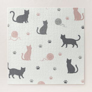 Whimsical Cat and Yarn Silhouette Pattern Jigsaw Puzzle