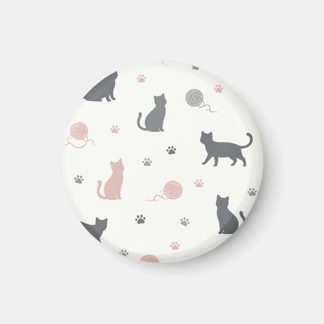 Whimsical Cat and Yarn Silhouette Pattern Magnet (Front)