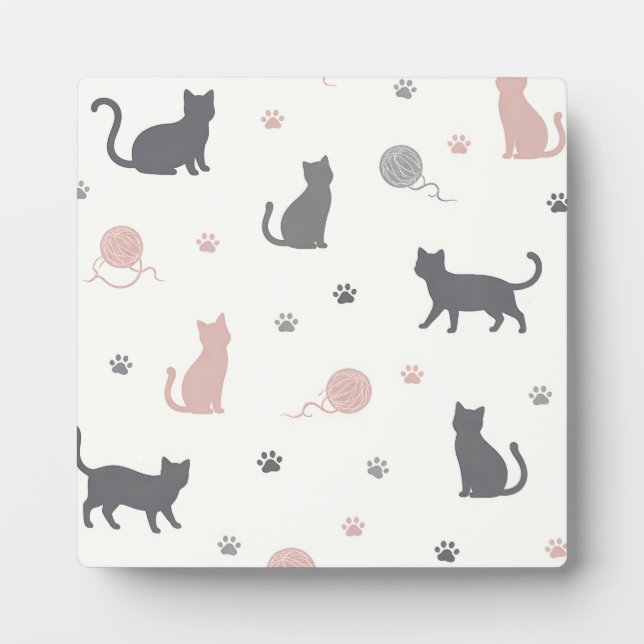 Whimsical Cat and Yarn Silhouette Pattern Plaque (Front)