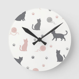 Whimsical Cat and Yarn Silhouette Pattern Round Clock