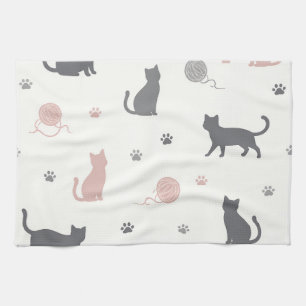 Whimsical Cat and Yarn Silhouette Pattern Tea Towel