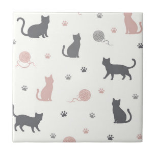 Whimsical Cat and Yarn Silhouette Pattern Tile