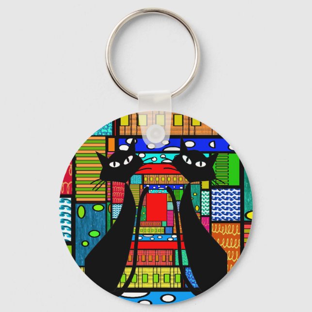 Whimsical Cat Art Gifts Key Ring (Front)