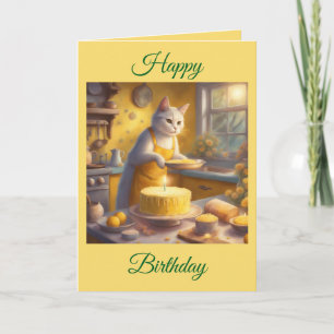 Whimsical Cat Baking Birthday Cake Card