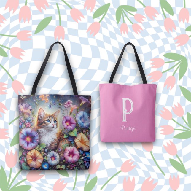 Whimsical Cat Beautiful Flowers Monogram Name Tote Bag (Creator Uploaded)
