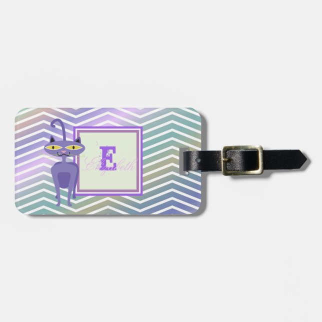 Whimsical Cat Chevron Zigzag,Monogram-Personalised Luggage Tag (Front Horizontal)