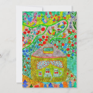 Whimsical Cat Family in Cosy House Flat Card