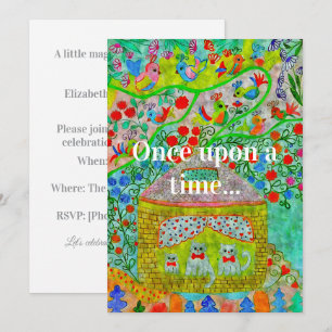 ​Whimsical Cat Family & Storybook Cottage Birthday Invitation