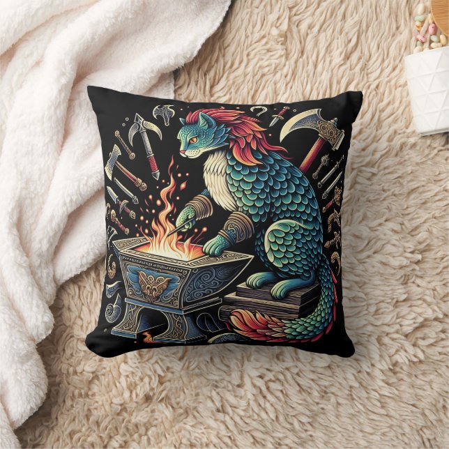 Whimsical Cat Forging Weapons at Fantasy Workshop Cushion (Blanket)