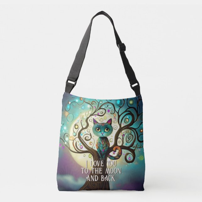 Whimsical Cat Full Moon Artwork I Love You Crossbody Bag (Front)