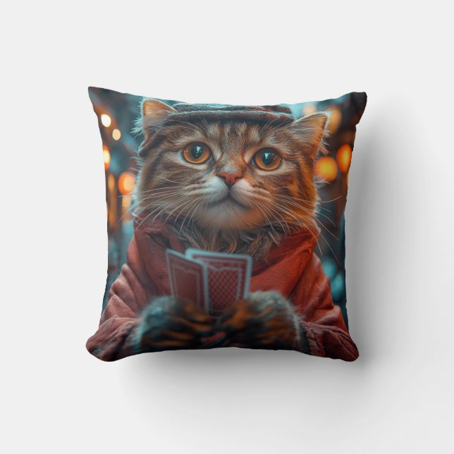 Whimsical Cat Gambler - Playful Feline Artwork Cushion (Front)