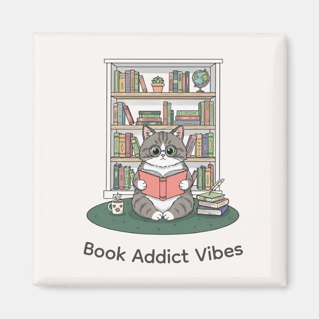 Whimsical Cat Glasses Reading Bookshelf Cute Decor Magnet (Front)
