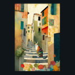 Whimsical Cat in a Mediterranean Village Poster<br><div class="desc">This vibrant design depicts a colorful cat perched on the side of a steep staircase in a quaint Mediterranean village. The whimsical style captures the cat's playful essence, while the use of bold, vibrant colors brings the street scene to life. The warm tones of dark orange and light emerald evoke...</div>