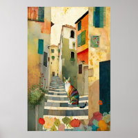 Whimsical Cat in a Mediterranean Village