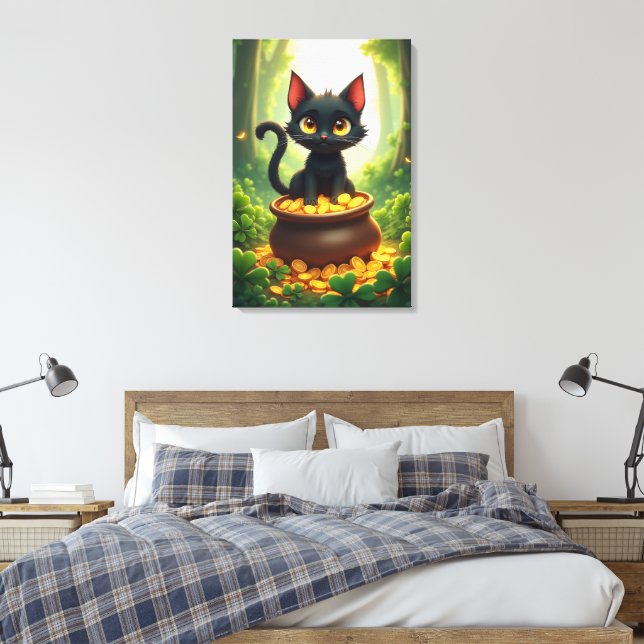 Whimsical Cat in a Pot of Gold Canvas Print (Insitu(Bedroom))