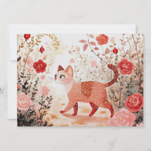 Whimsical & cat in a rose garden holiday card