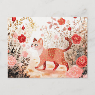Whimsical & cat in a rose garden holiday postcard