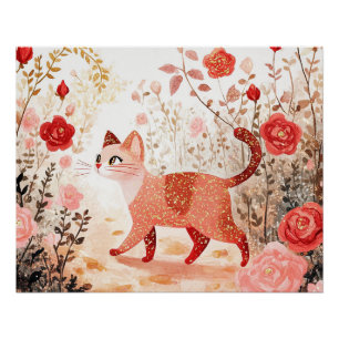 Whimsical. Cat in a rose garden. Poster