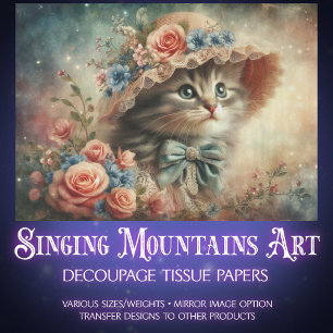 Whimsical Cat In Floral Hat Decoupage  Tissue Paper