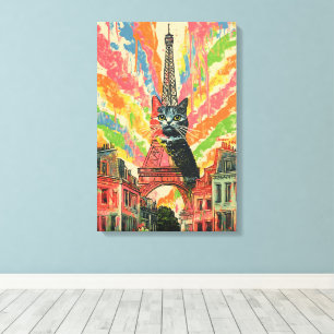 Whimsical Cat in Paris - Eiffel Tower Art Canvas Print