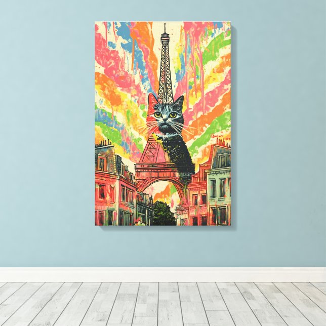 Whimsical Cat in Paris - Eiffel Tower Art Canvas Print (Insitu(Wood Floor))