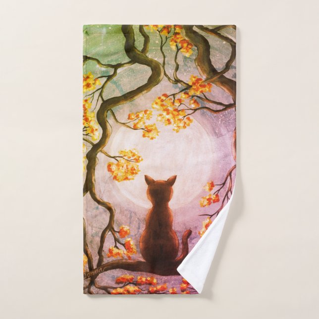 Whimsical Cat in Tree Full Moon Painting Art Hand Towel (Hand Towel)
