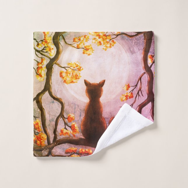 Whimsical Cat in Tree Full Moon Painting Art Wash Cloth (Wash Cloth)