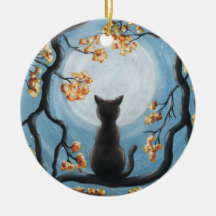 Whimsical Cat in Tree Full Moon Painting Ceramic Tree Decoration