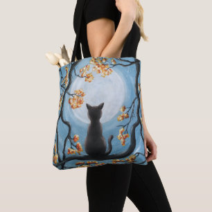 Whimsical Cat in Tree Full Moon Painting Tote Bag