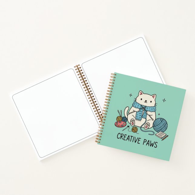 Whimsical Cat Knitting Art Sketchbook Soft Blue Notebook (Inside)