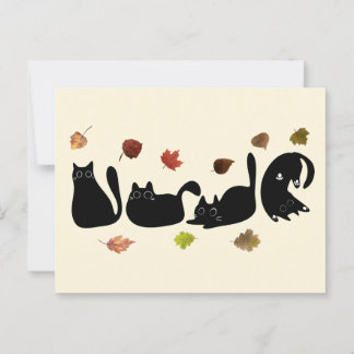 Whimsical Cat Line Art with Autumn Leaves  Postcard