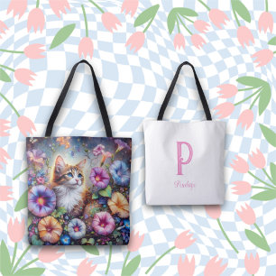 Whimsical Cat Morning Glory Garden Monogram Tote Bag