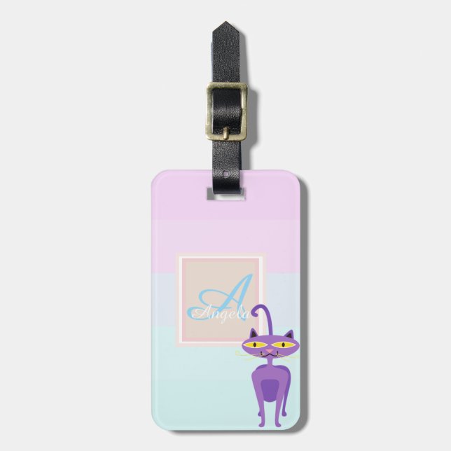 Whimsical Cat Ombre Striped  Monogram-Personalised Luggage Tag (Front Vertical)
