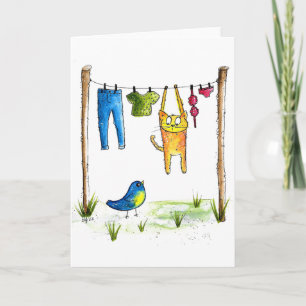 Whimsical Cat on a Clothesline Card