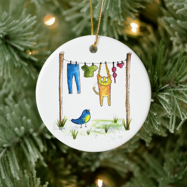 Whimsical Cat on a Clothesline Ceramic Tree Decoration (Tree)
