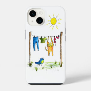 Whimsical Cat on a Clothesline iPhone 14 Case