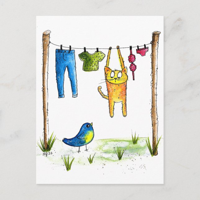 Whimsical Cat on a Clothesline Postcard (Front)