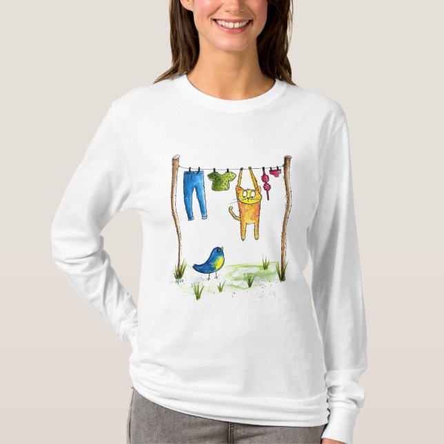 Whimsical Cat on a Clothesline T-Shirt (Front)