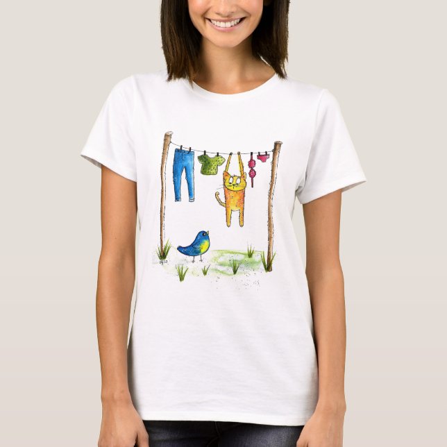 Whimsical Cat on a Clothesline T-Shirt (Front)