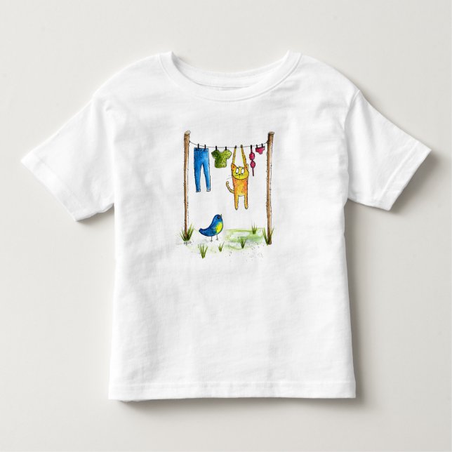 Whimsical Cat on a Clothesline Toddler T-Shirt (Front)