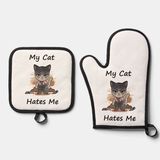 Whimsical Cat Oven Mitt & Pot Holder Set (Front)