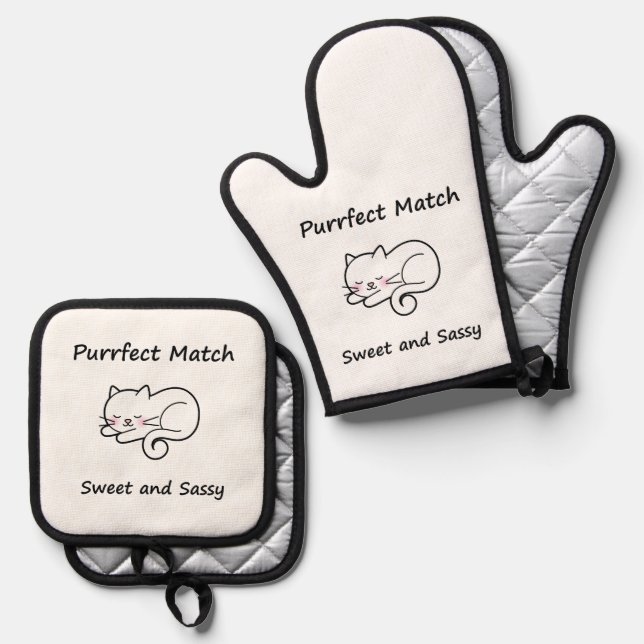 Whimsical Cat Oven Mitt & Pot Holder Set (Front/Back)